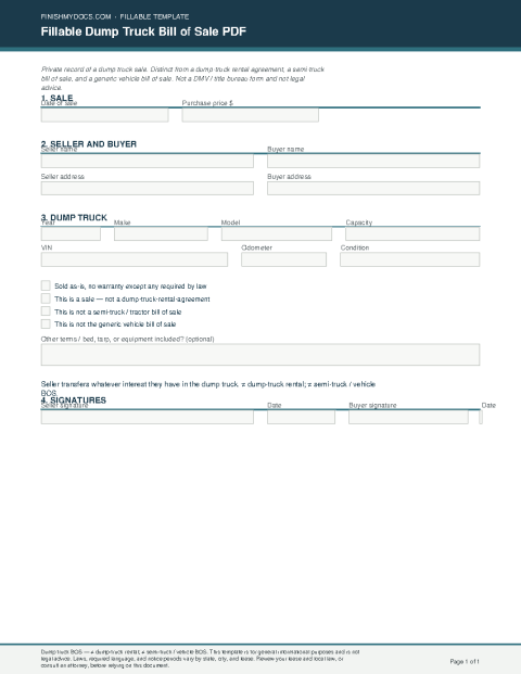 Fillable Dump Truck Bill of Sale PDF preview