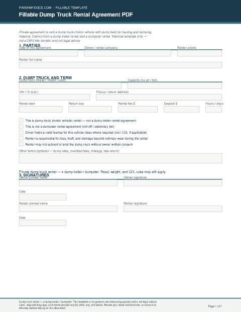 Fillable Dump Truck Rental Agreement PDF preview