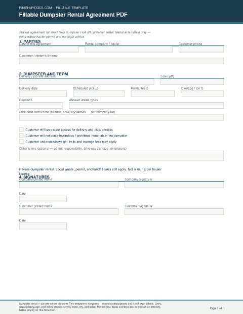 Fillable Dumpster Rental Agreement PDF preview