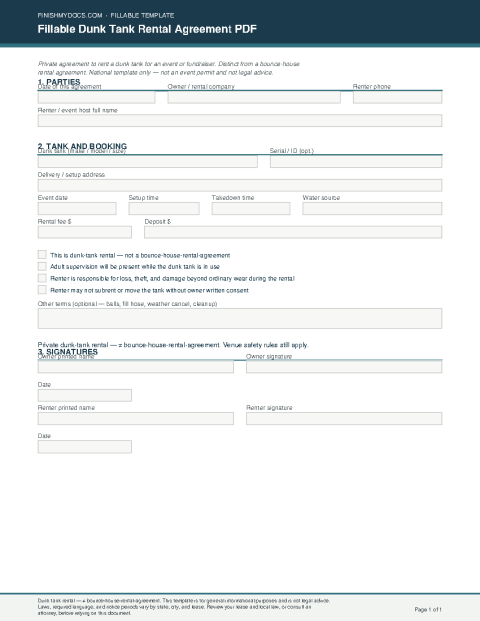 Fillable Dunk Tank Rental Agreement PDF preview