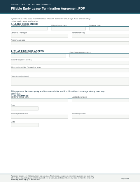Fillable Early Lease Termination Agreement PDF preview