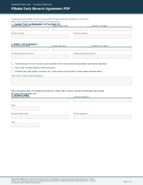 Fillable Early Move-In Agreement PDF preview