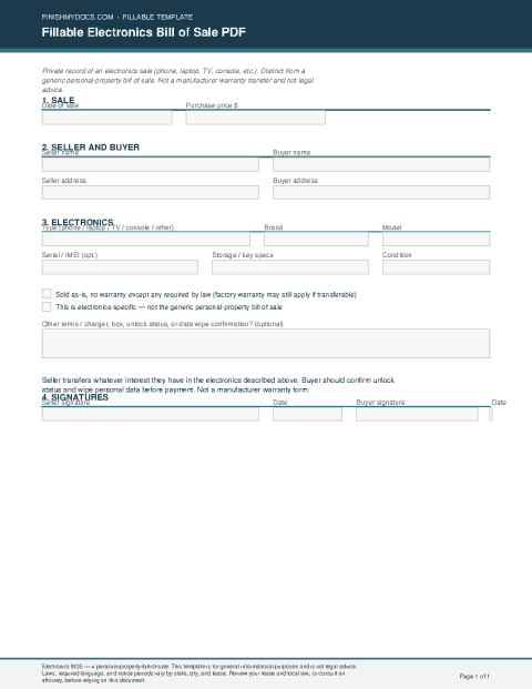 Fillable Electronics Bill of Sale PDF preview
