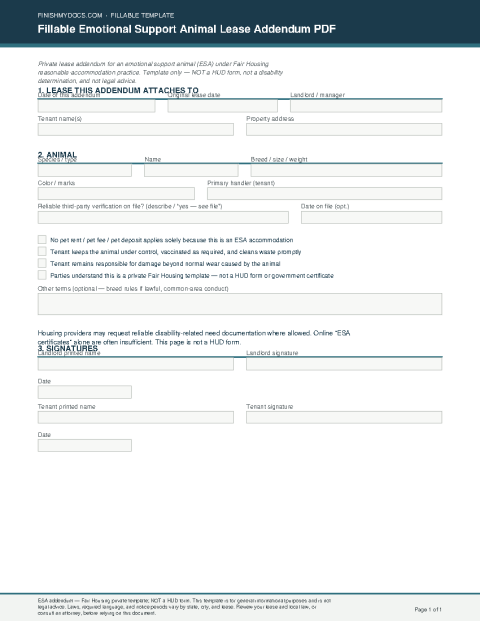 Fillable Emotional Support Animal Lease Addendum PDF preview