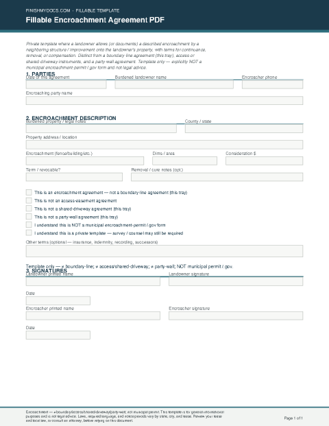 Fillable Encroachment Agreement PDF preview