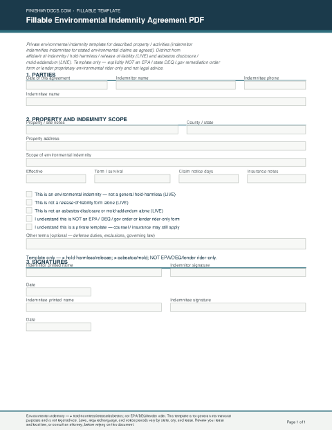 Fillable Environmental Indemnity Agreement PDF preview