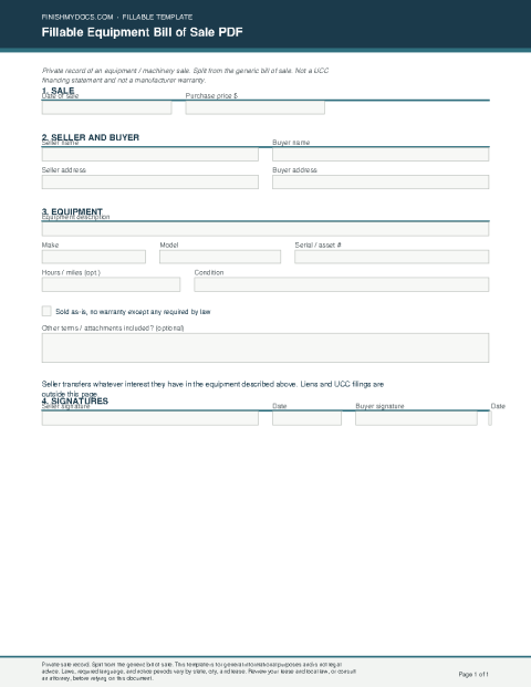 Fillable Equipment Bill of Sale PDF preview