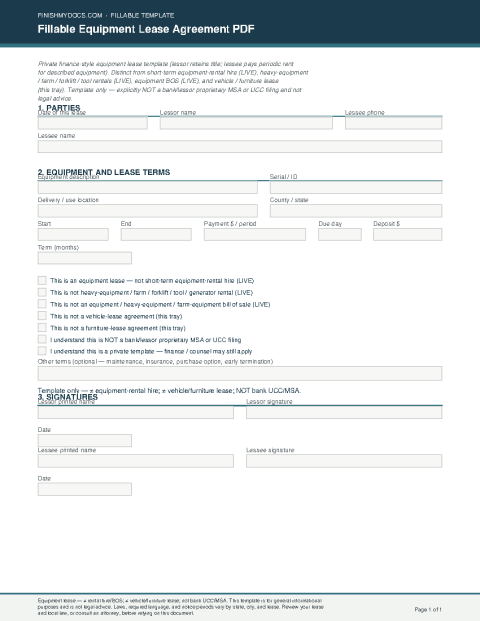 Fillable Equipment Lease Agreement PDF preview