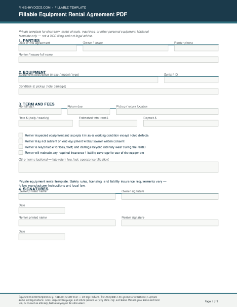 Fillable Equipment Rental Agreement PDF preview