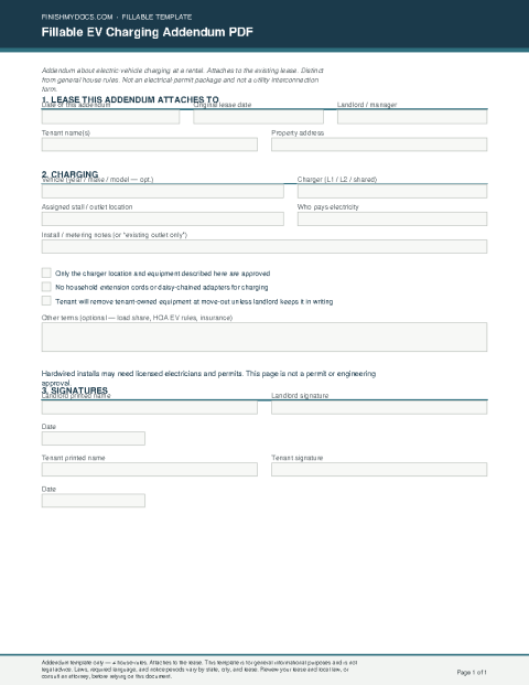 Fillable EV Charging Addendum PDF preview