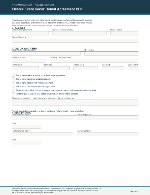 Fillable Event Decor Rental Agreement PDF preview