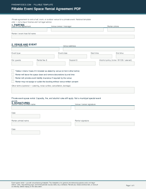 Fillable Event Space Rental Agreement PDF preview