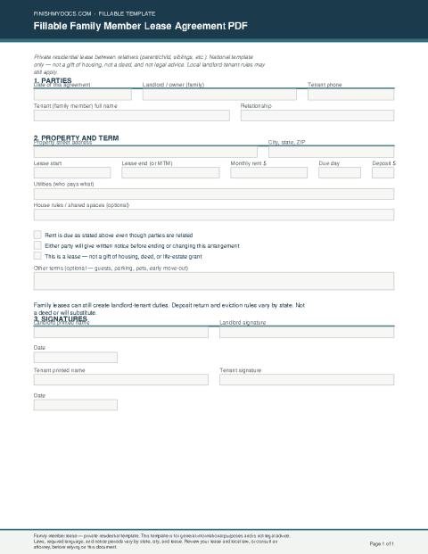Fillable Family Member Lease Agreement PDF preview