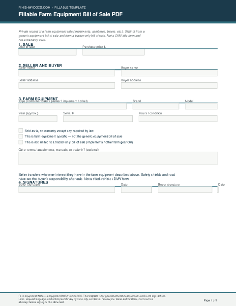 Fillable Farm Equipment Bill of Sale PDF preview