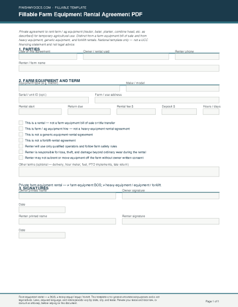 Fillable Farm Equipment Rental Agreement PDF preview