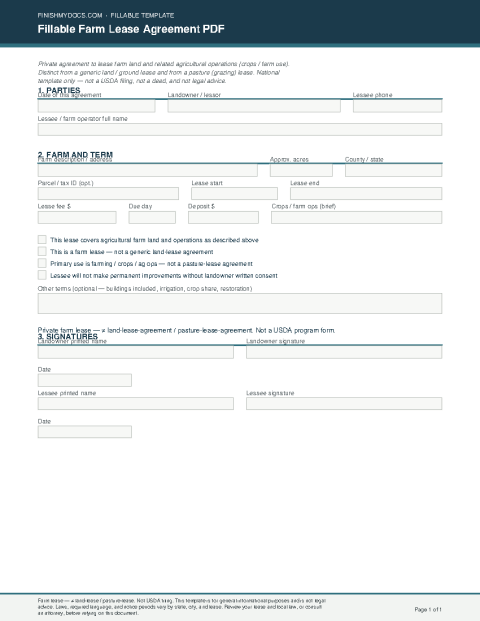 Fillable Farm Lease Agreement PDF preview