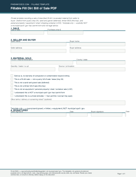 Fillable Fill Dirt Bill of Sale PDF preview