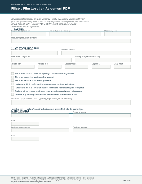 Fillable Film Location Agreement PDF preview