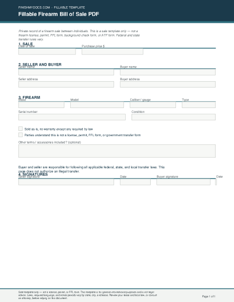 Fillable Firearm Bill of Sale PDF preview