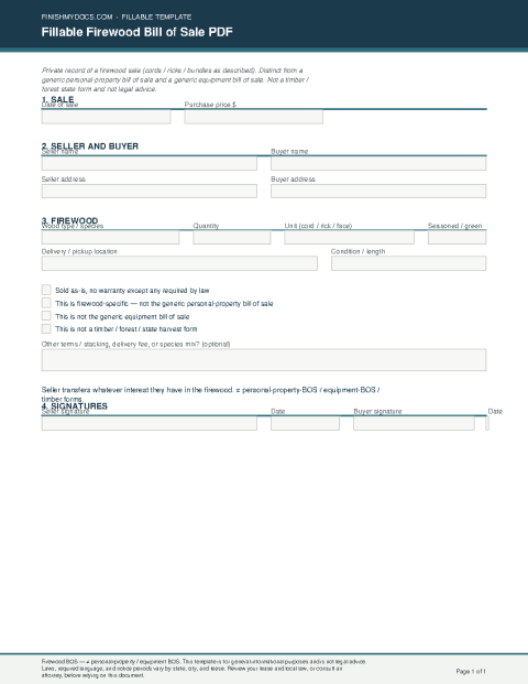 Fillable Firewood Bill of Sale PDF preview