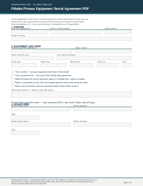 Fillable Fitness Equipment Rental Agreement PDF preview