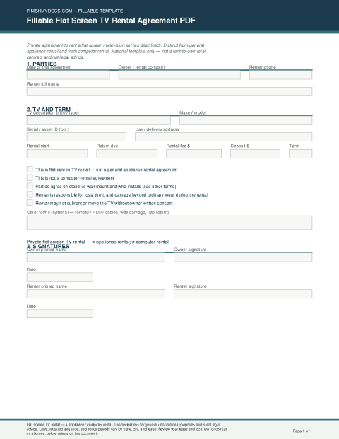 Fillable Flat Screen TV Rental Agreement PDF preview
