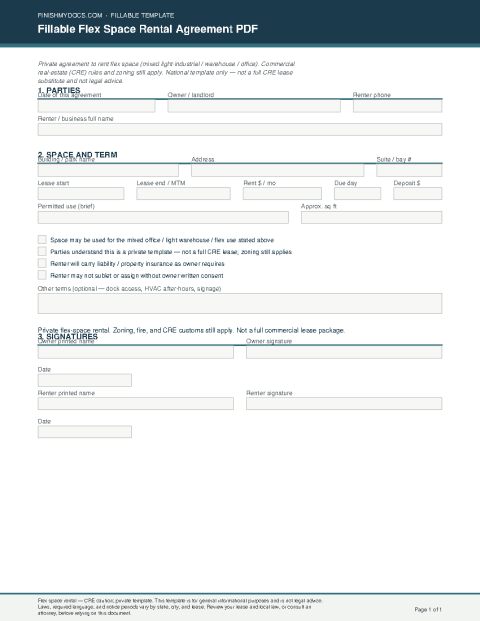 Fillable Flex Space Rental Agreement PDF preview