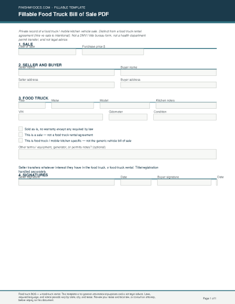 Fillable Food Truck Bill of Sale PDF preview