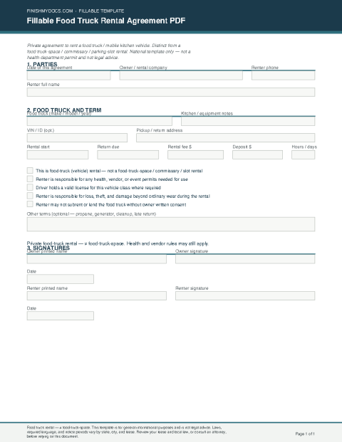Fillable Food Truck Rental Agreement PDF preview