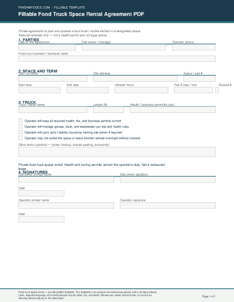 Fillable Food Truck Space Rental Agreement PDF preview
