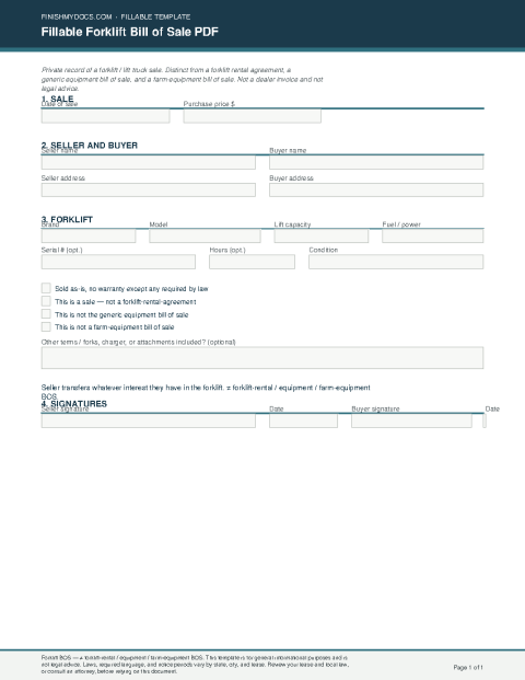 Fillable Forklift Bill of Sale PDF preview