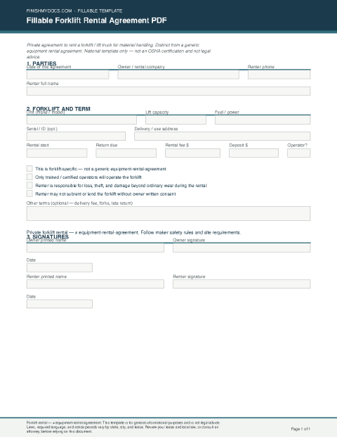 Fillable Forklift Rental Agreement PDF preview