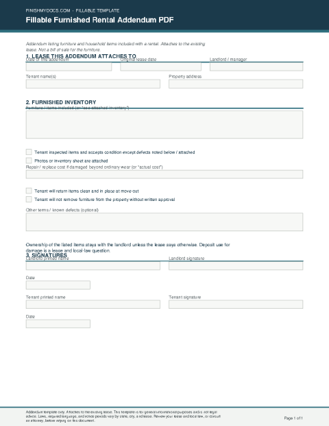 Fillable Furnished Rental Addendum PDF preview