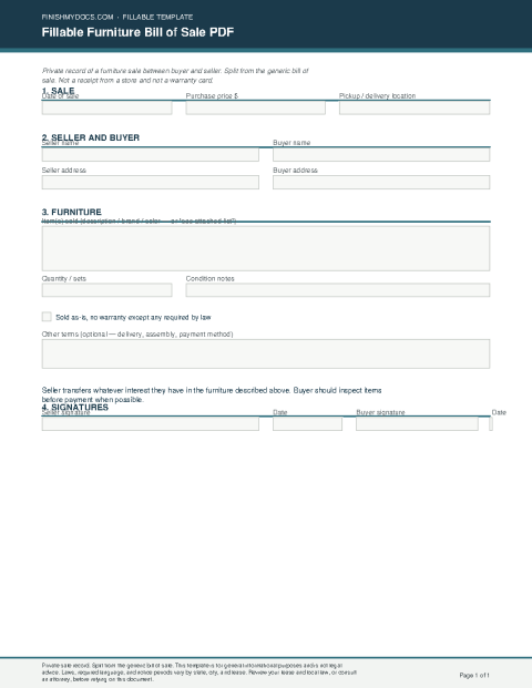 Fillable Furniture Bill of Sale PDF preview