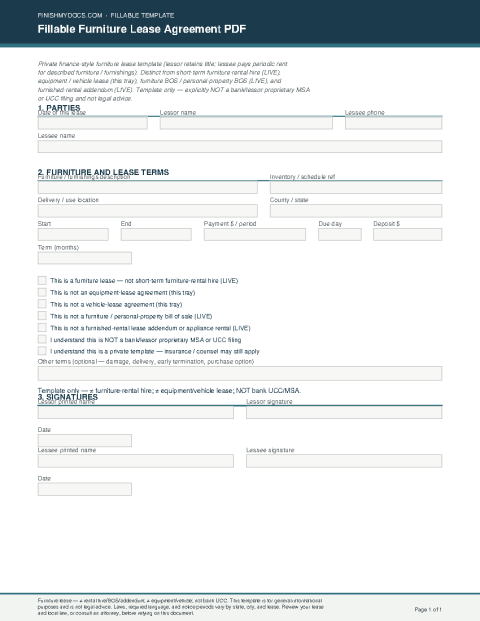 Fillable Furniture Lease Agreement PDF preview