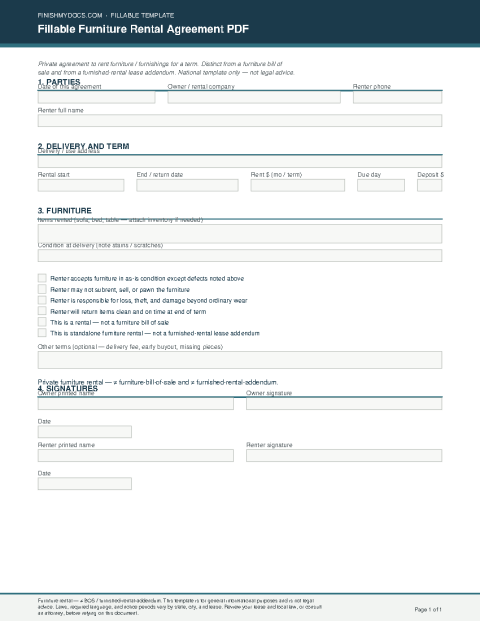 Fillable Furniture Rental Agreement PDF preview
