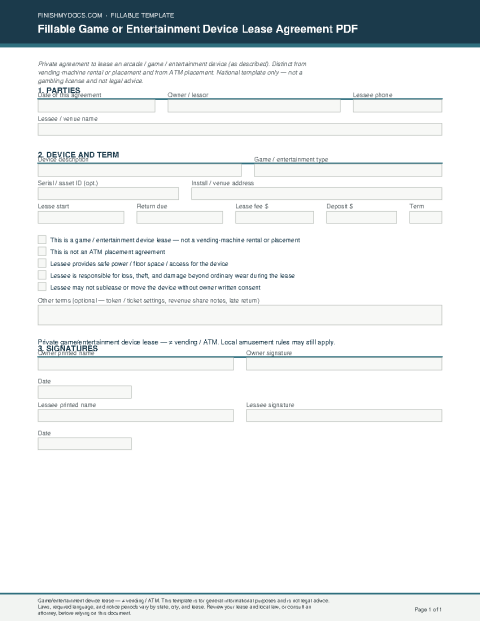 Fillable Game or Entertainment Device Lease Agreement PDF preview
