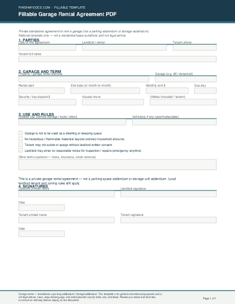 Fillable Garage Rental Agreement PDF preview
