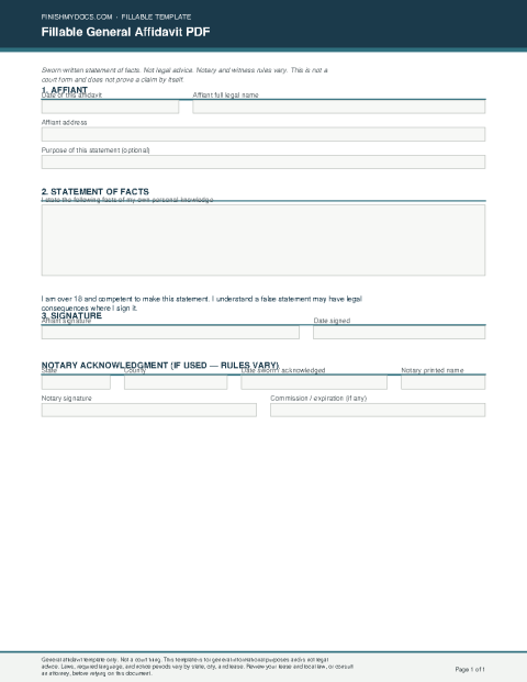 Fillable General Affidavit PDF preview