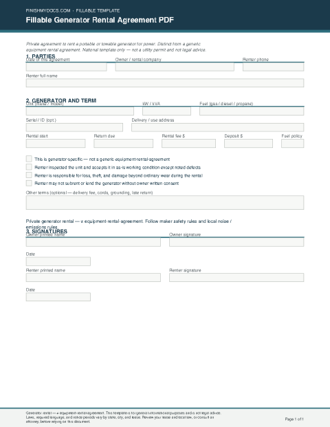 Fillable Generator Rental Agreement PDF preview
