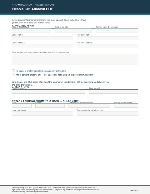 Fillable Gift Affidavit PDF preview
