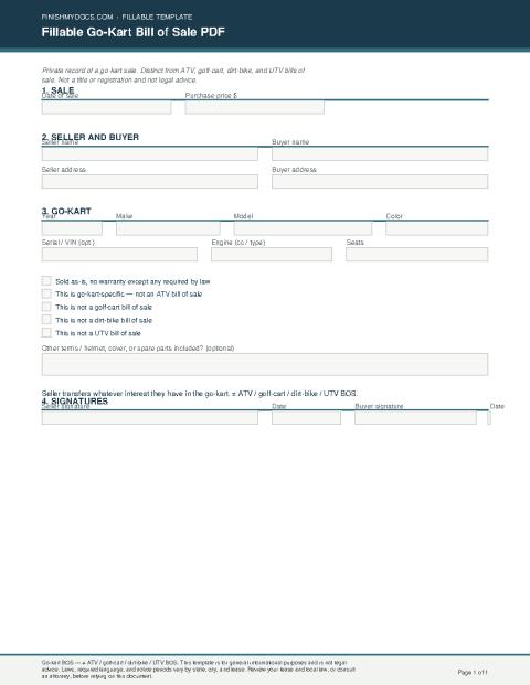 Fillable Go-Kart Bill of Sale PDF preview