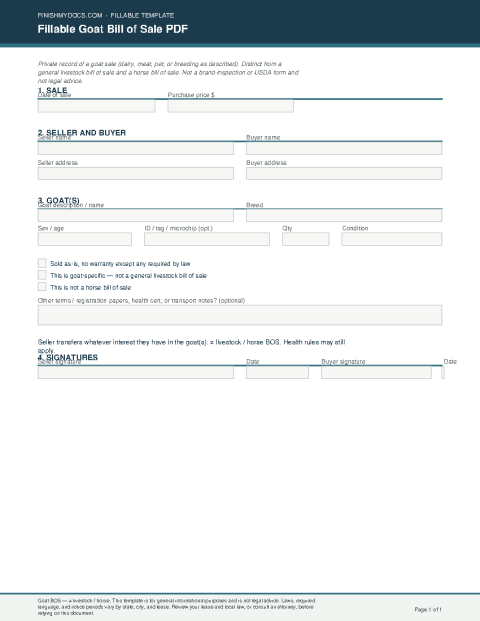 Fillable Goat Bill of Sale PDF preview