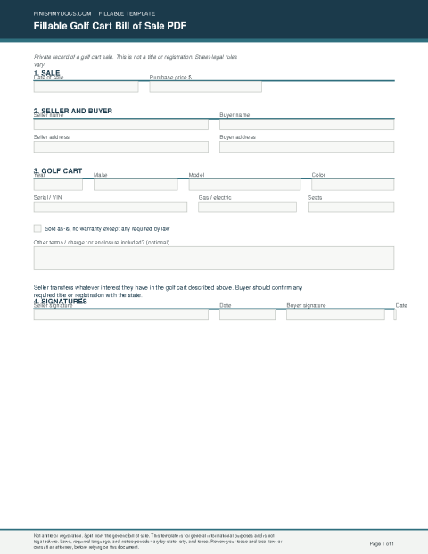 Fillable Golf Cart Bill of Sale PDF preview