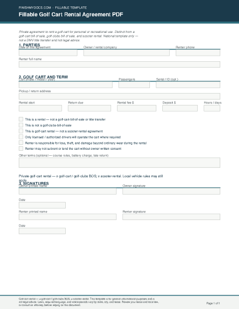 Fillable Golf Cart Rental Agreement PDF preview
