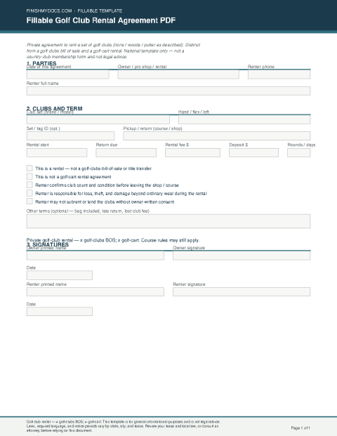 Fillable Golf Club Rental Agreement PDF preview