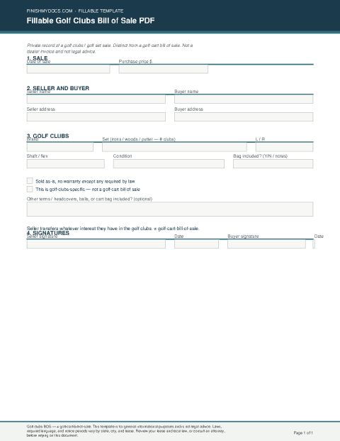 Fillable Golf Clubs Bill of Sale PDF preview