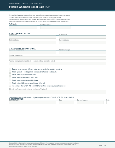 Fillable Goodwill Bill of Sale PDF preview
