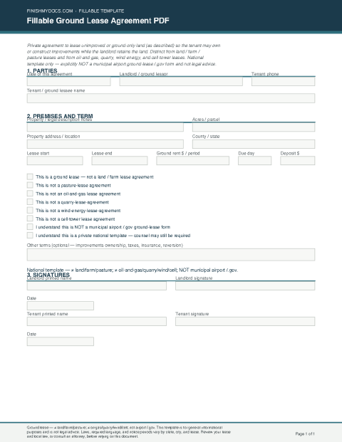 Fillable Ground Lease Agreement PDF preview