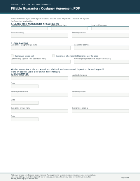 Fillable Guarantor / Cosigner Agreement PDF preview
